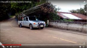 Un pick-up et son chargement de bambous en difficulté sur une route